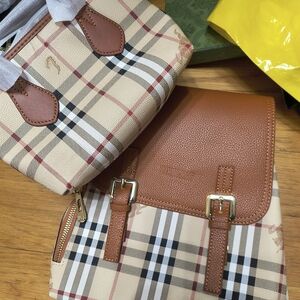 Plaid and Brown Leather Back Pack Set